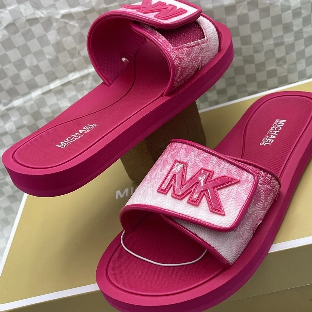 MICHAEL KORS Palmer Ombré Signature Logo Slide Sandal Dragonfruit NWT